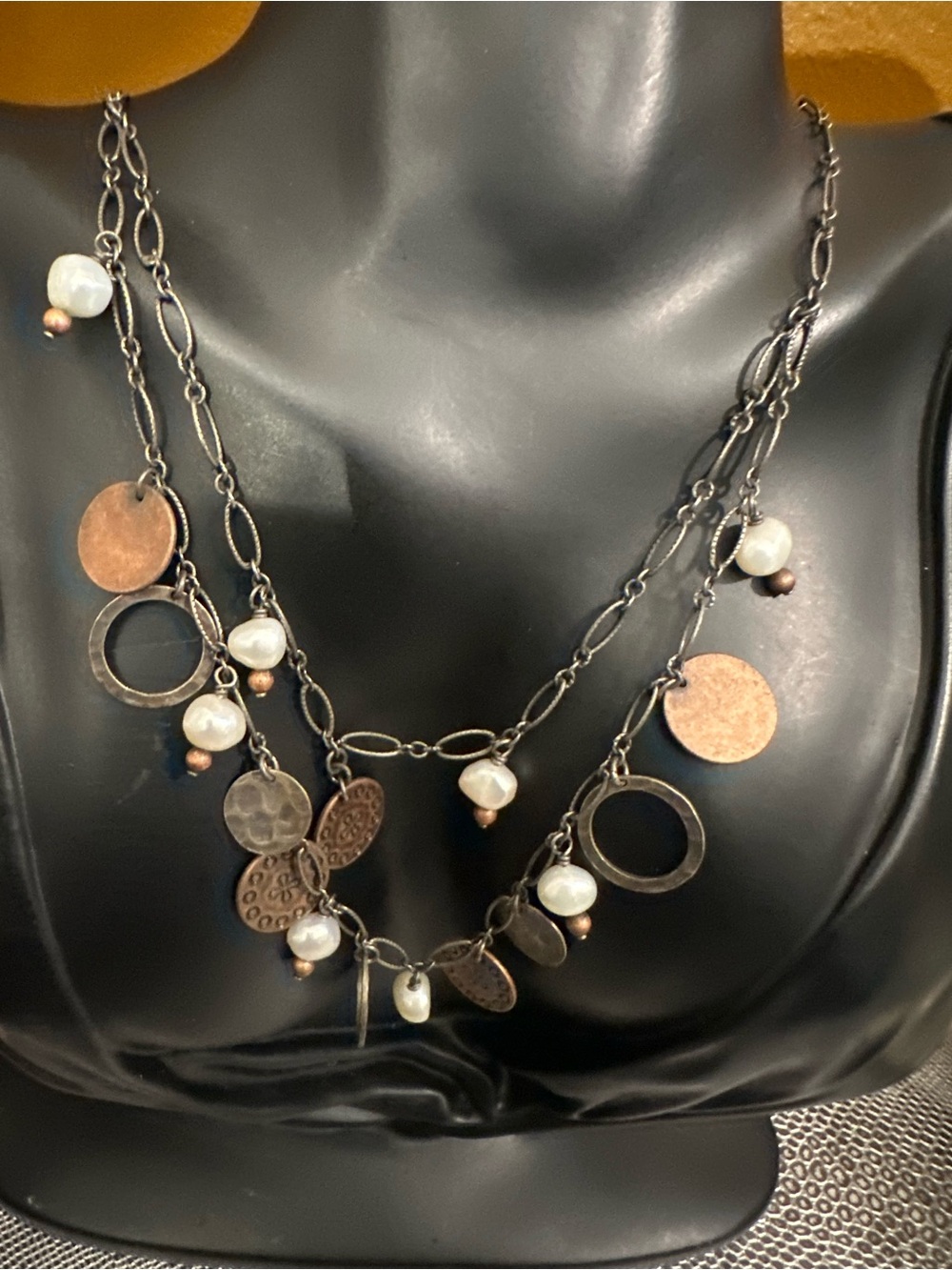 Vintage Silpada 925 Sterling Silver Chain Pearl and Copper Disc Necklace